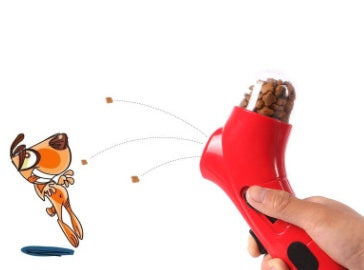 Red interactive pet treat launcher for dogs and cats