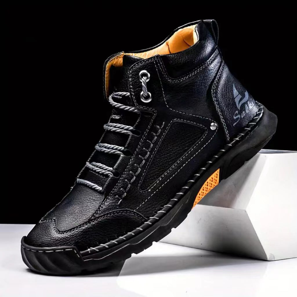 Black hand-stitched PU leather lace-up ankle boots with round toe and rubber sole