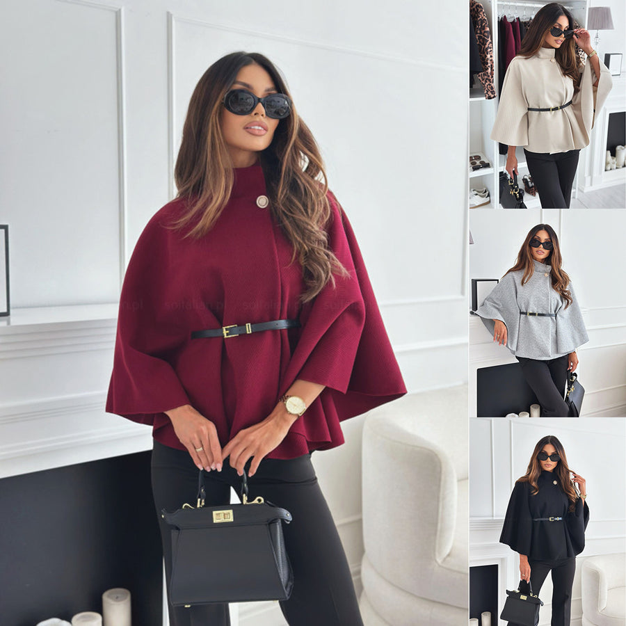 Stand-Collar Batwing Sleeve Belted Cloak Jacket