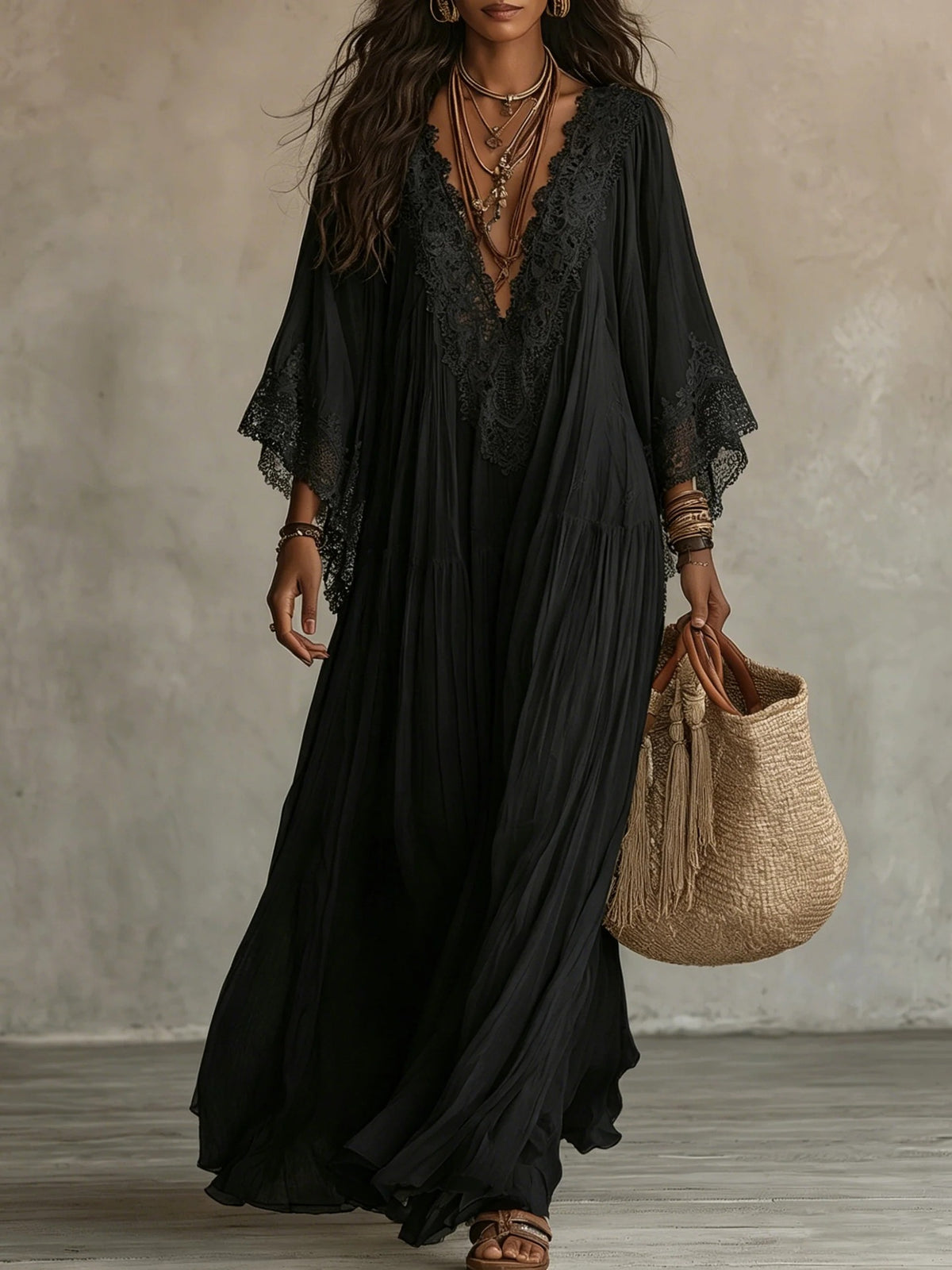 Finiks Gravity | Women's Lace Trim V-Neck Flowy Maxi Dress | Product image 8
