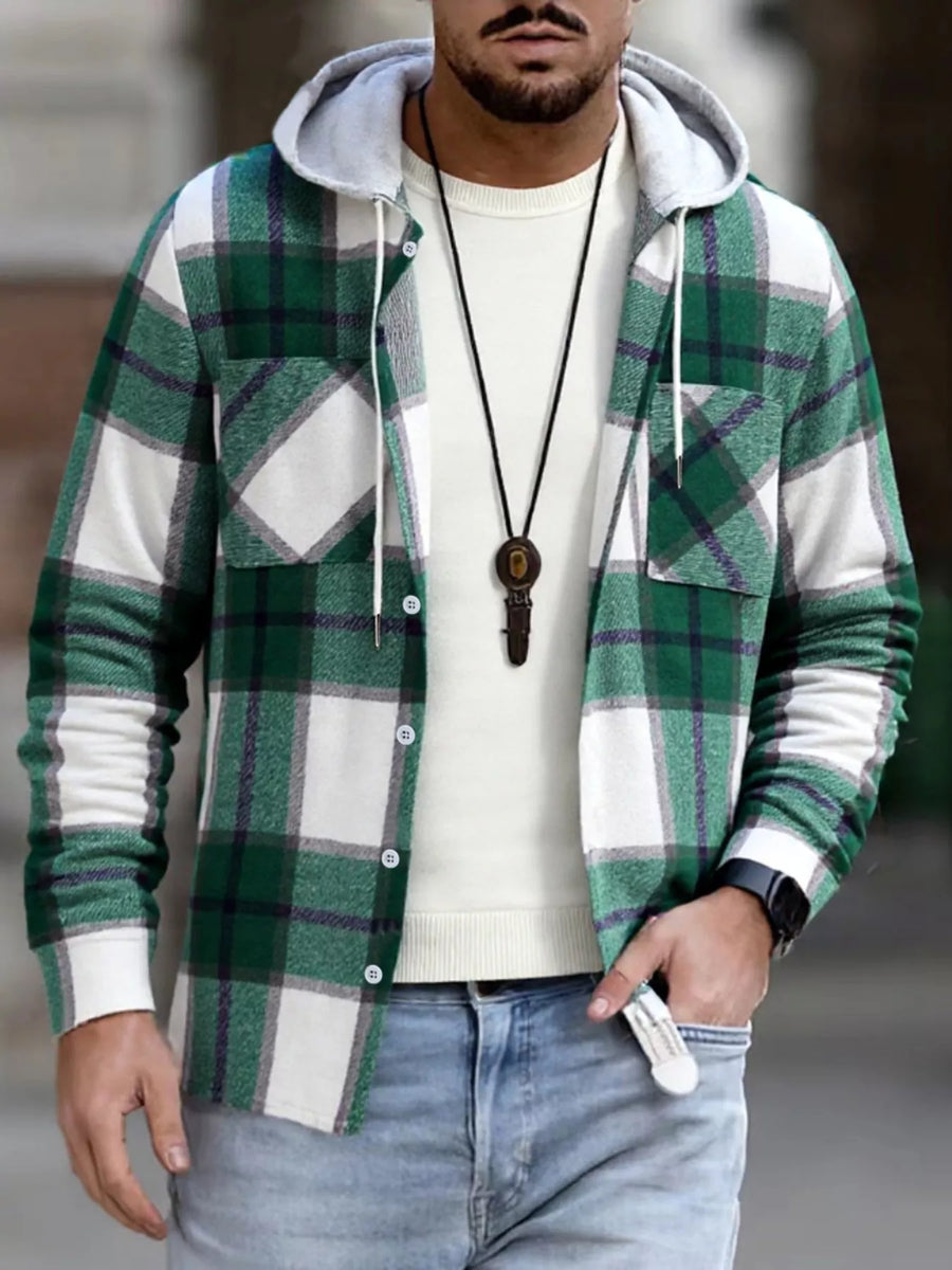 Sobrecamisa de cuadros con capucha y bolsillos dobles en el pecho para hombre de talla grande - alternate view