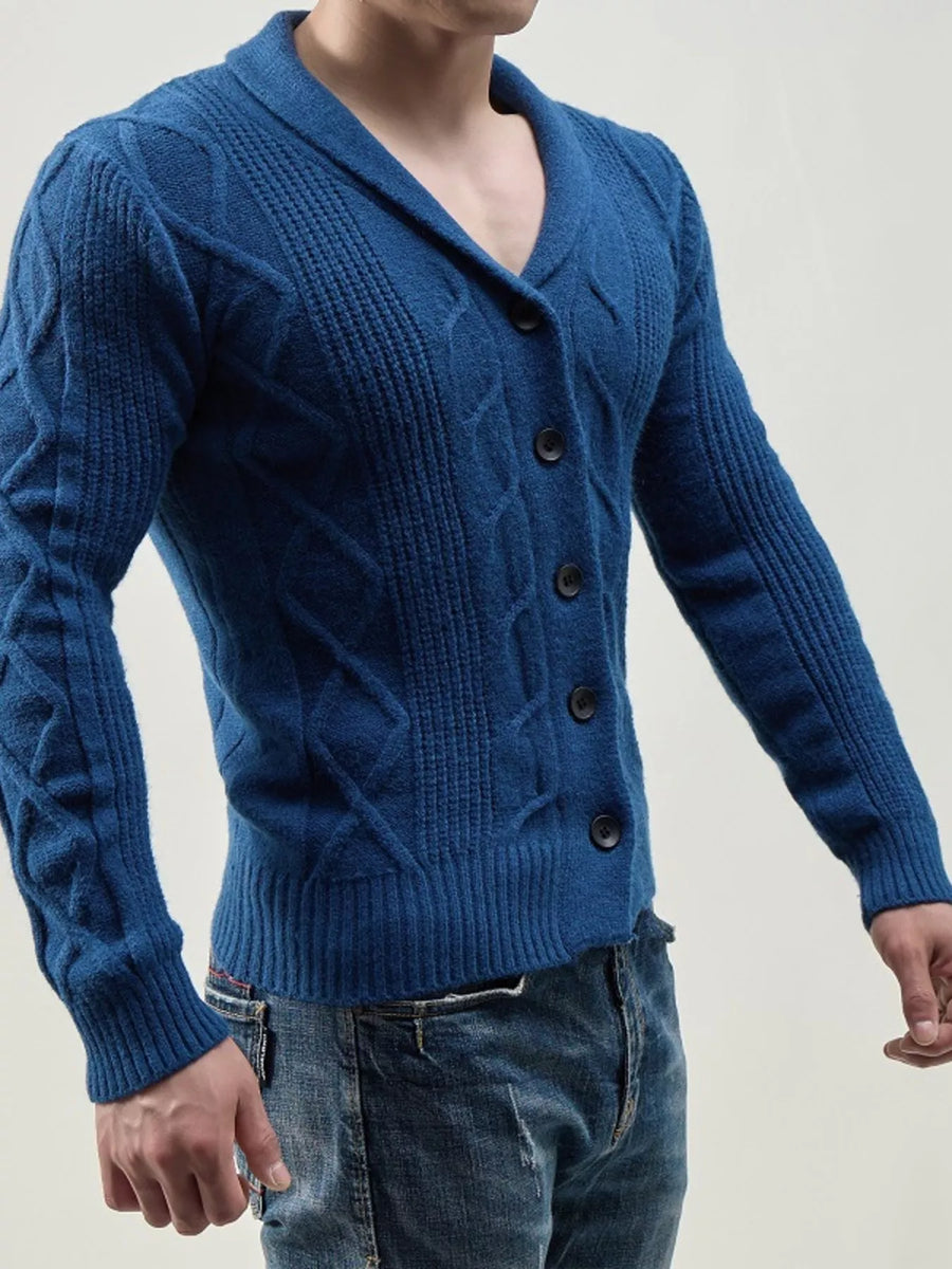 Cárdigan entallado de punto trenzado y cuello chal para hombre de talla grande
