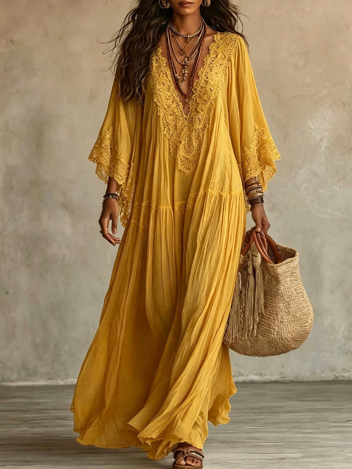 Finiks Gravity | Women's Lace Trim V-Neck Flowy Maxi Dress | Product image 7
