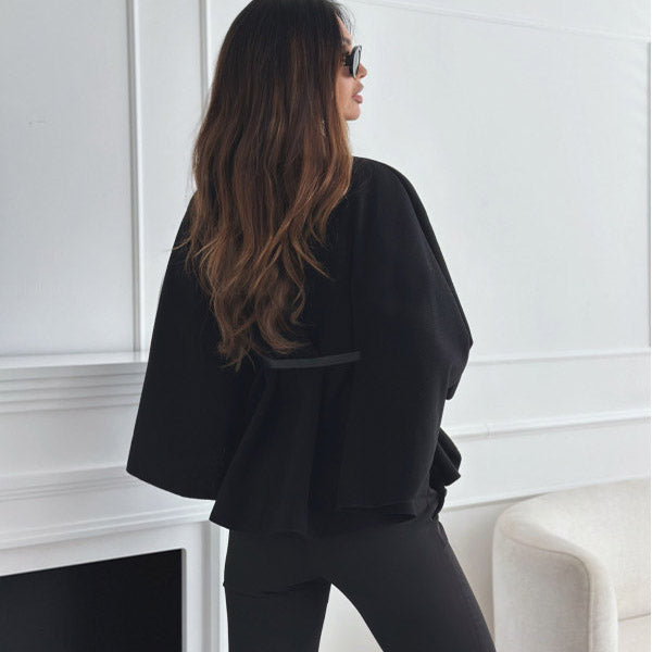 Stand-Collar Batwing Sleeve Belted Cloak Jacket - alternate view