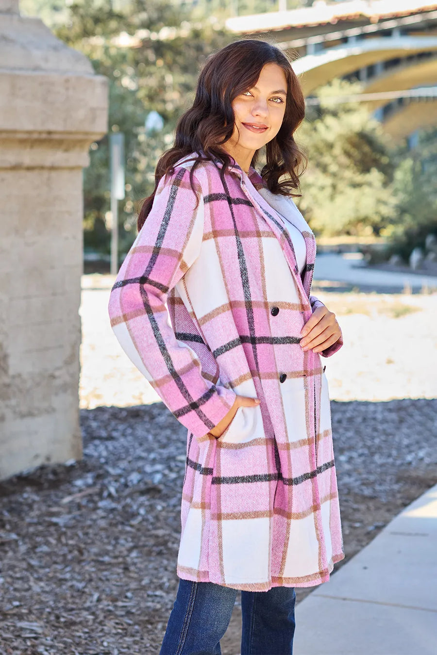 Double Take Full Size Plaid Button Up Lapel Collar Coat - alternate view