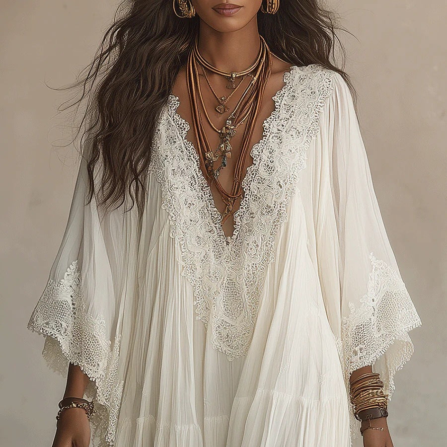 Finiks Gravity | Women's Lace Trim V-Neck Flowy Maxi Dress | Product image 3