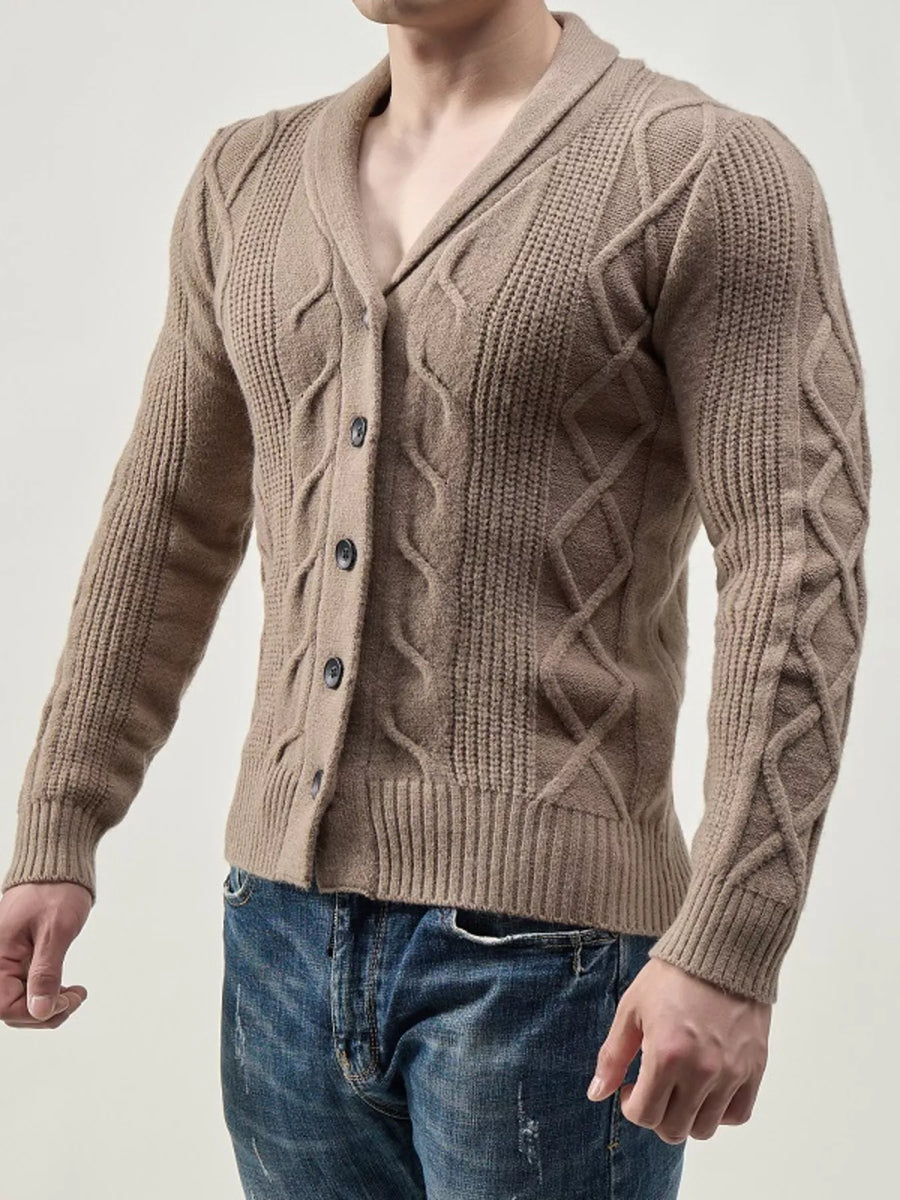 Cárdigan entallado de punto trenzado y cuello chal para hombre de talla grande - alternate view