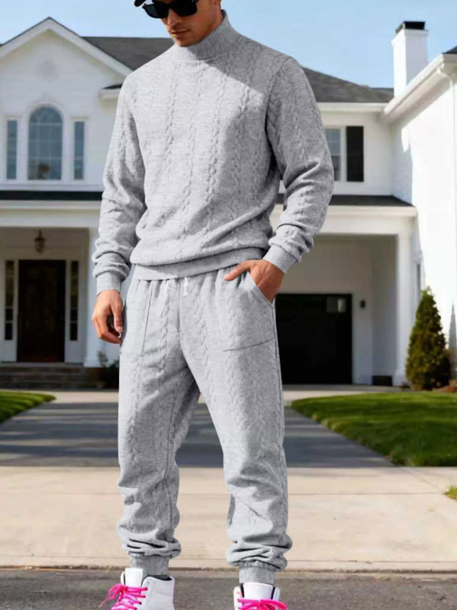 Conjunto de jersey trenzado de cuello alto y joggers para hombre de talla grande