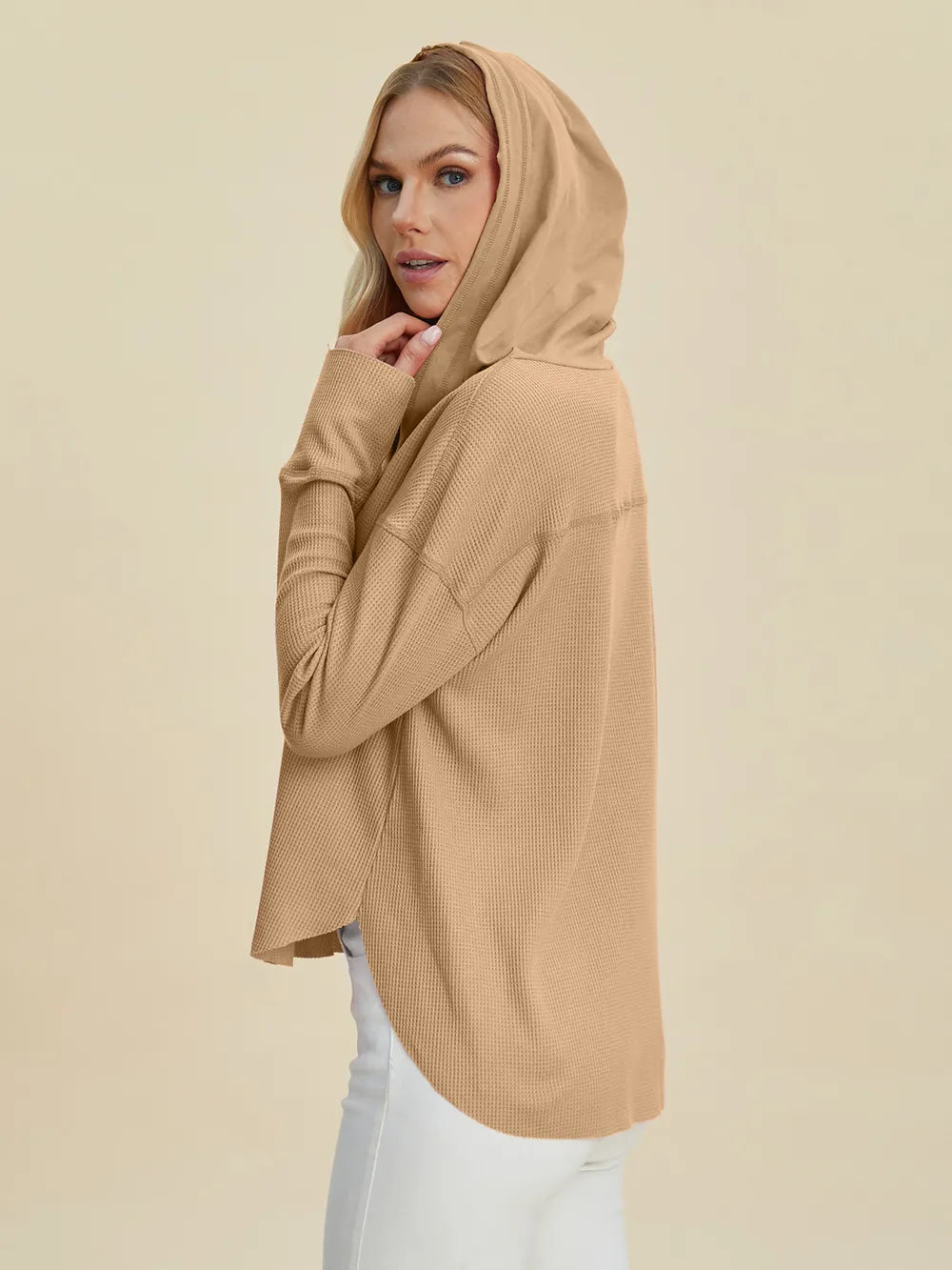 Double Take camel hoodie relaxed fit and high-low hem detail