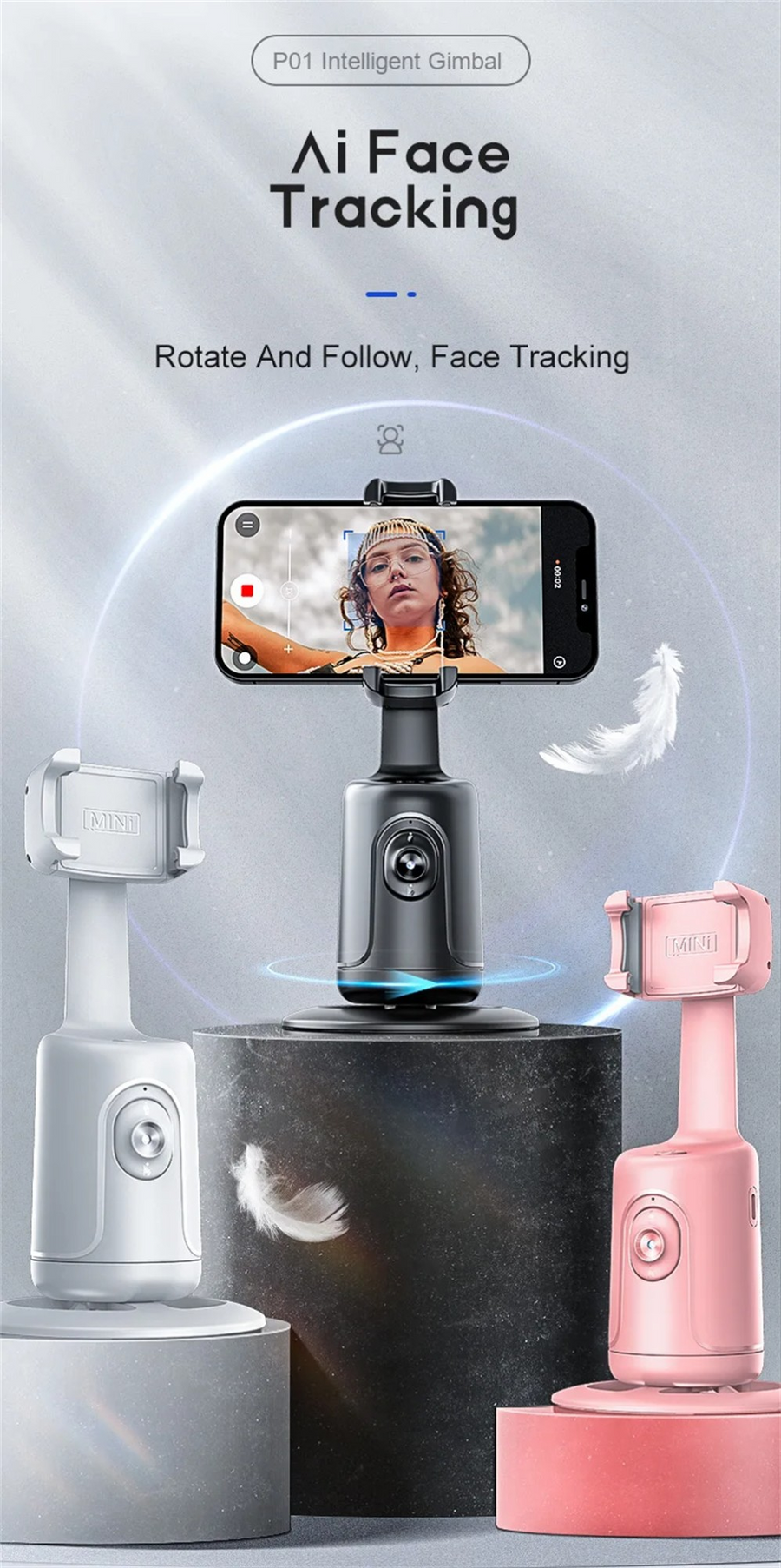 Soporte para teléfono con seguimiento facial de IA de 360° y control por gestos