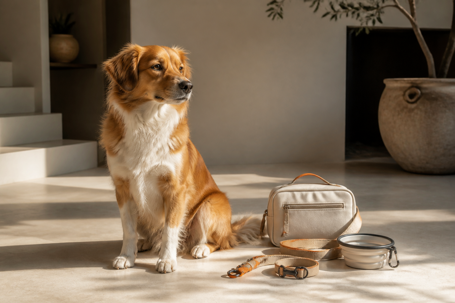 Perro con artículos esenciales para viajar